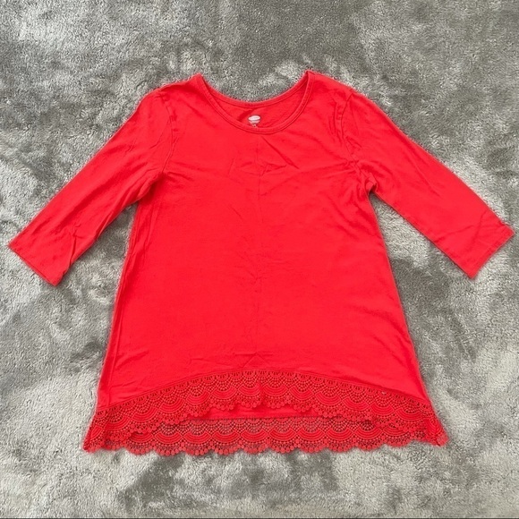 Old Navy Red 3/4 Sleeve Hi-Low Top Crochet Hem Lrg - Picture 1 of 7